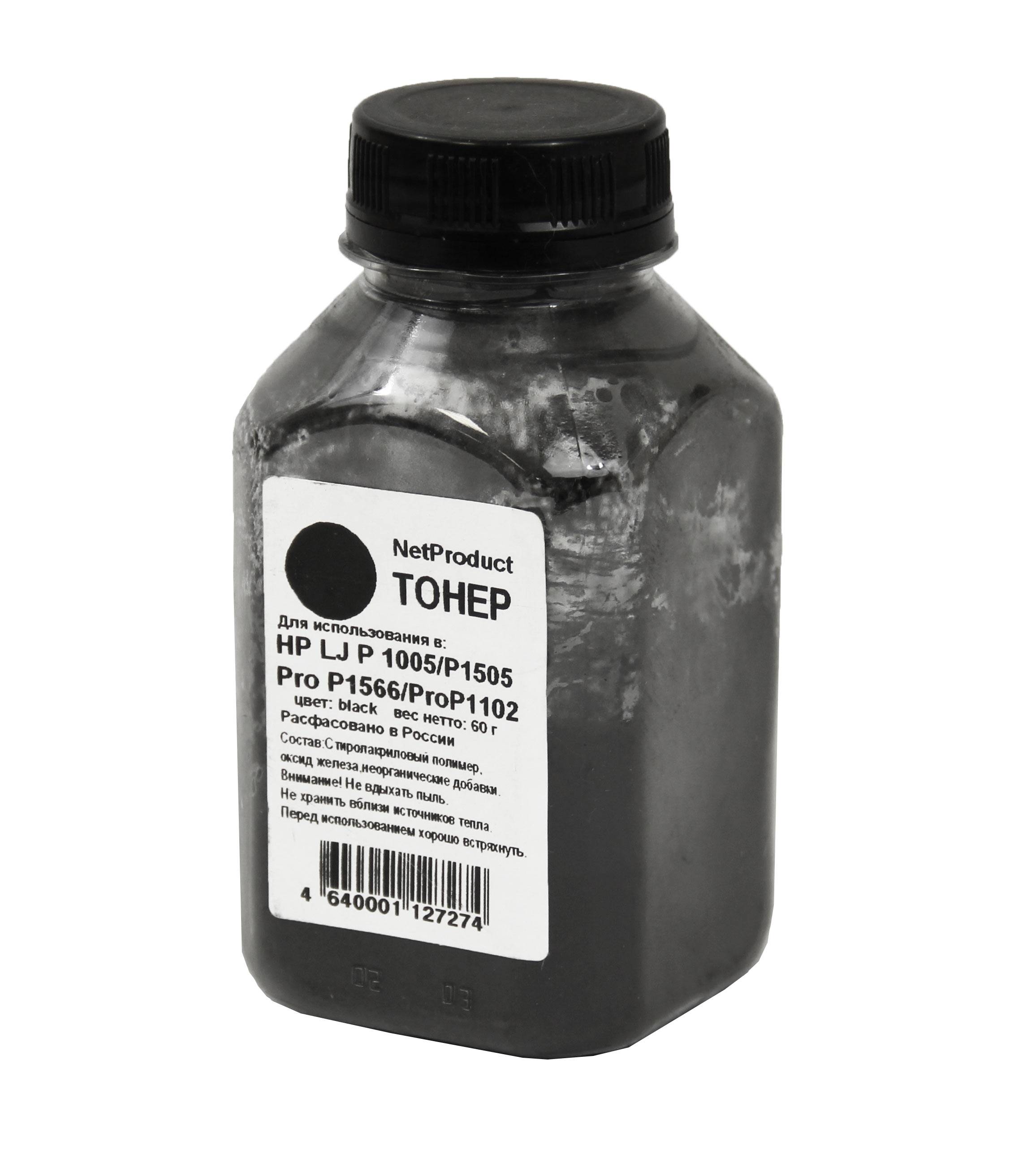 Тонер NetProduct для HP LJ P1005/P1505/ProP1566/ProP1102, Bk, 60 г, банка